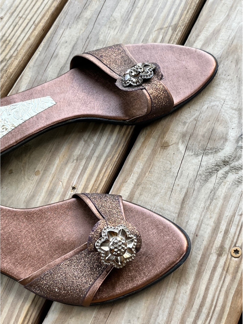 Chic Bronze Slide Sandals with Floral Accent Size 9.5